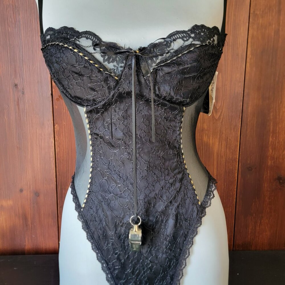 Vintage 90s Sachet Teddy Bodysuit NWT Black Lace Underwire Snap Crotch Whistle M